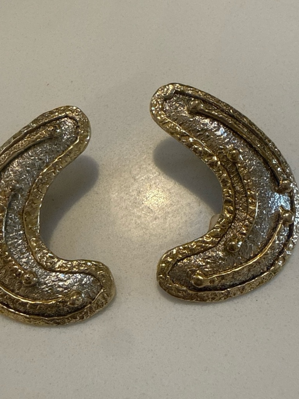Vintage Mexican  Gold-Tone Textured Crescent Clip Earrings